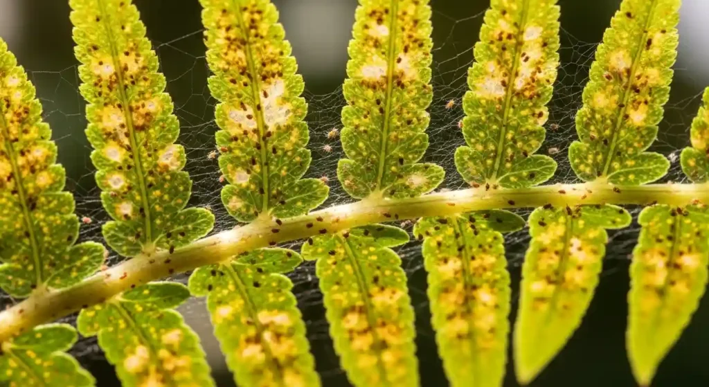 Boston ferns frond showing spider mite infestation with fine webbing, tiny mites, and yellow stippled damage on leaflets