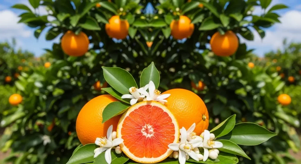 Cara Cara orange tree care guide showing pink flesh fruit, white blossoms, and glossy green leaves in garden setting