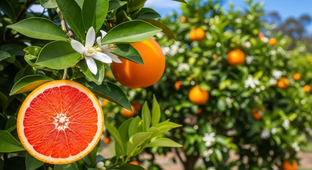 Cara Cara orange tree care displaying cross-section of pink navel orange with white flowers and green foliage