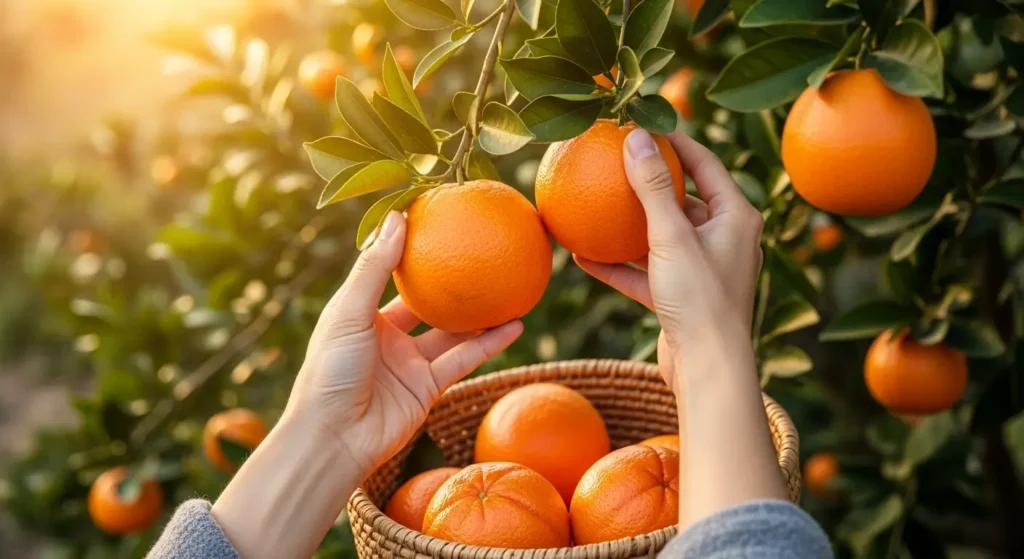Cara Cara orange tree care harvesting technique showing hand picking ripe orange from branch with proper twist-and-pull motion