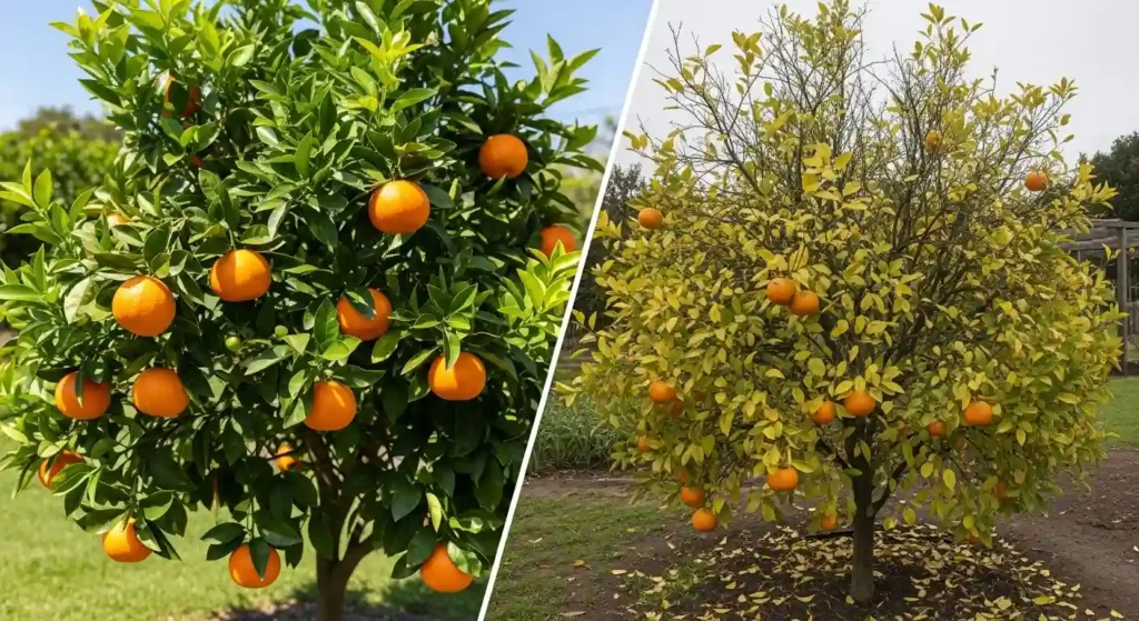 Citrus tree comparison showing healthy fruit-bearing tree versus struggling tree with yellowing leaves and poor fruit production