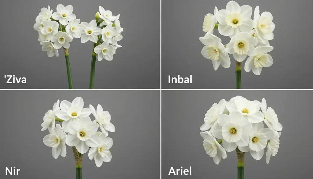 December birth flower varieties comparison showing Ziva, Inbal, Nir, and Ariel paperwhite narcissus types side by side