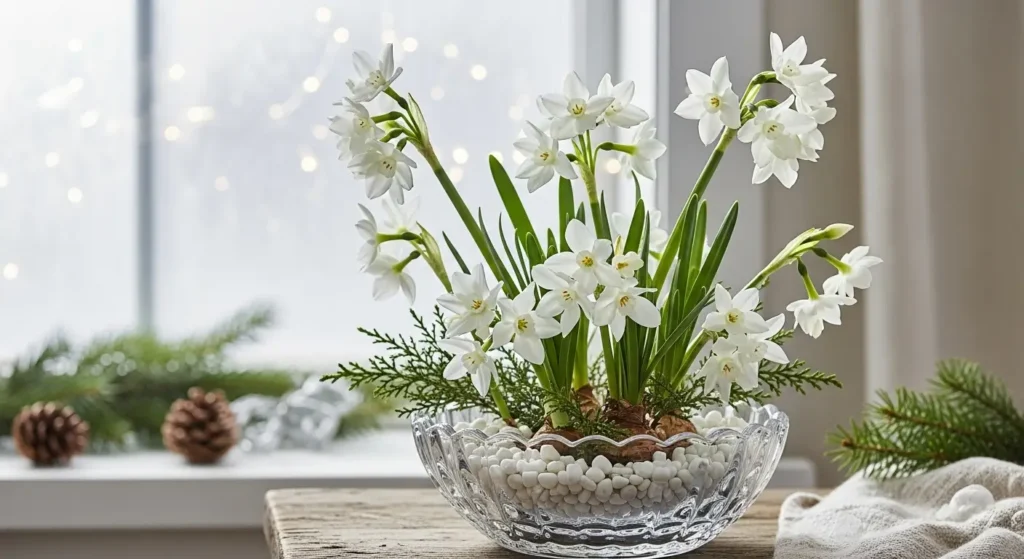 December birth flower paperwhite narcissus blooming in glass bowl with white pebbles on wooden table near window
