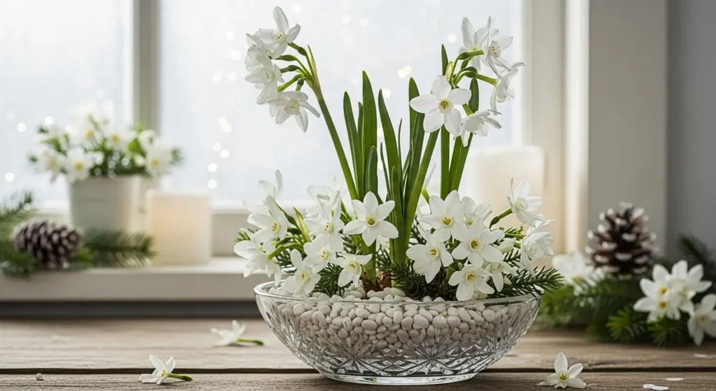 December birth flower potting guide showing paperwhite narcissus bulbs being placed in decorative pebble-filled bowl for indoor winter forcing