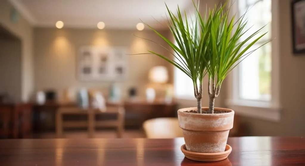 Dracaena dragon plant care example showing healthy plant with green spiky leaves in terracotta pot on dining table