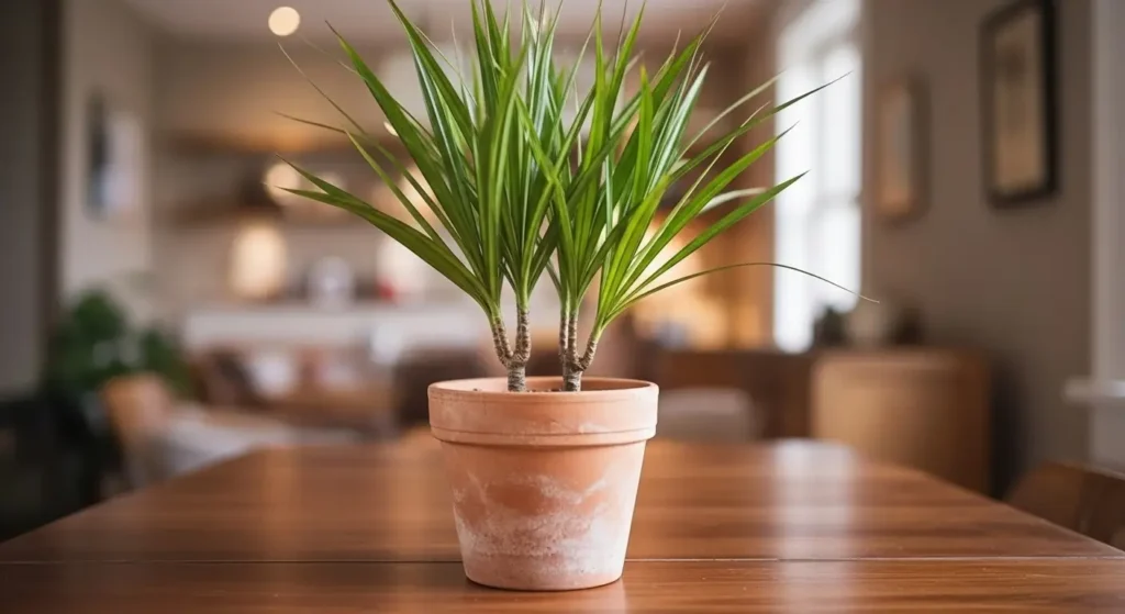 Dracaena dragon plant care showing healthy green leaves with red edges in modern pot for indoor plant guide