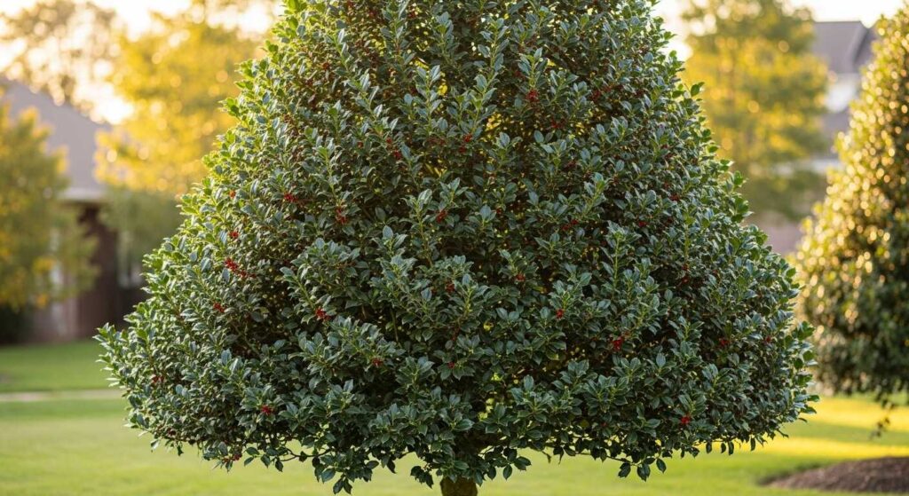 Full view of mature Eagleston holly tree with glossy green foliage and red berries in residential landscape