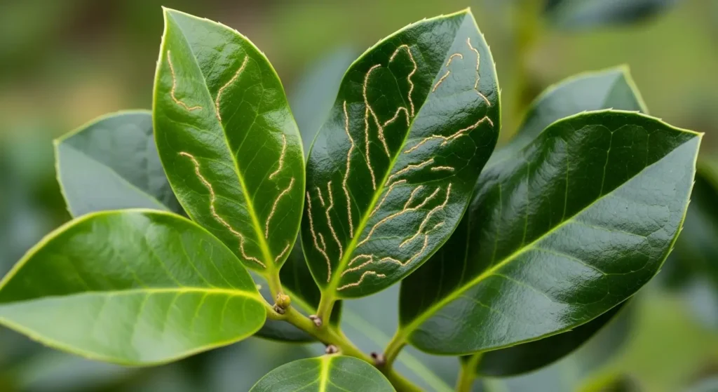 Close-up of Eagleston holly tree leaves showing common pest damage including leaf miner trails and disease symptoms