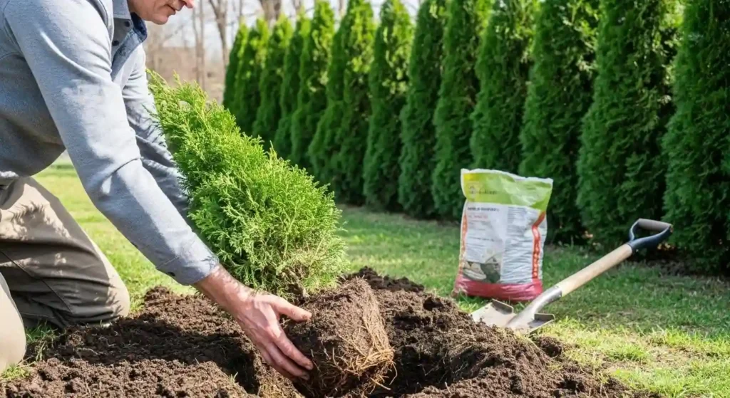 Gardener planting Emerald Green Arborvitae in prepared soil hole with proper depth and spacing for hedge formation