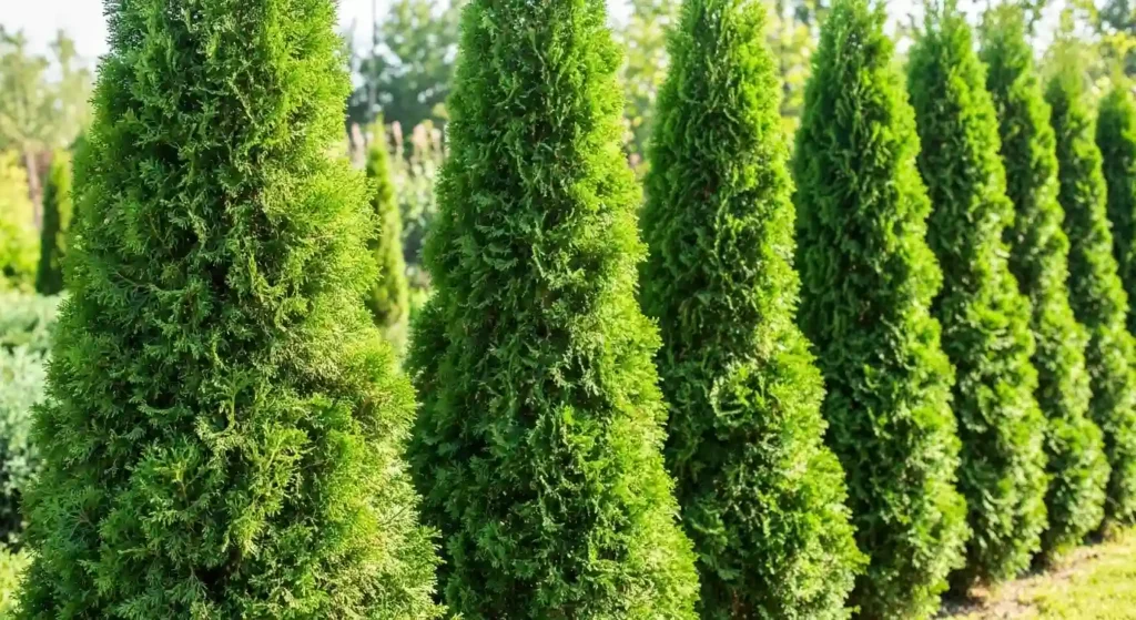 Emerald Green Arborvitae trees forming a dense privacy hedge with vibrant evergreen foliage in a sunny garden