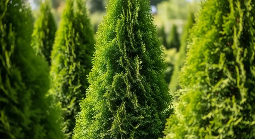 Close-up of pruning Emerald Green Arborvitae with bypass shears to maintain dense evergreen foliage and pyramid shape