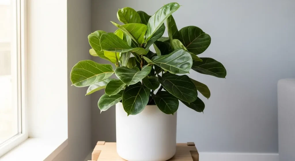 Ficus audrey care guide showing healthy plant with velvety green leaves and pale veining in white pot with bright indirect light