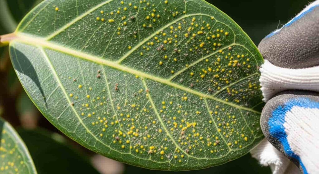 Ficus audrey care pest problem showing spider mites infestation with webbing on leaf and treatment with cloth for proper plant maintenance