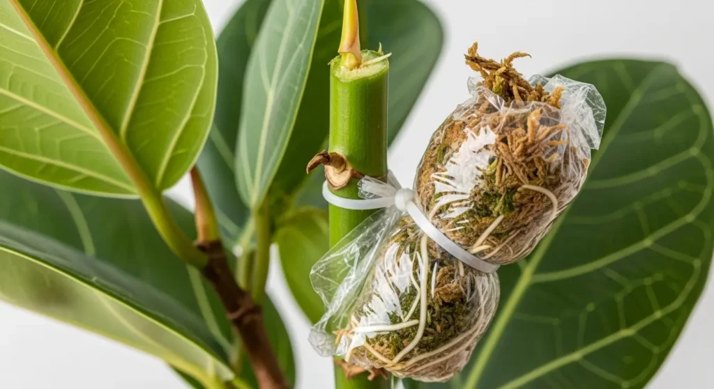 Ficus audrey care propagation method showing air layering technique with moss-wrapped stem and emerging roots for successful plant propagation