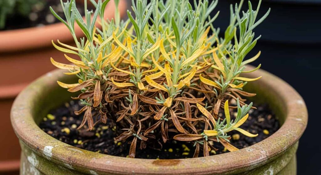French lavender care troubleshooting yellow leaves problem caused by overwatering showing discolored foliage on lavender plant
