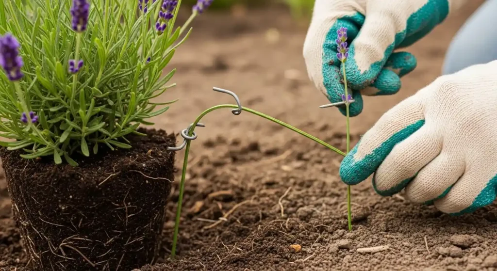 French lavender care propagation by layering method showing stem pinned into soil with gardening gloves demonstrating proper technique