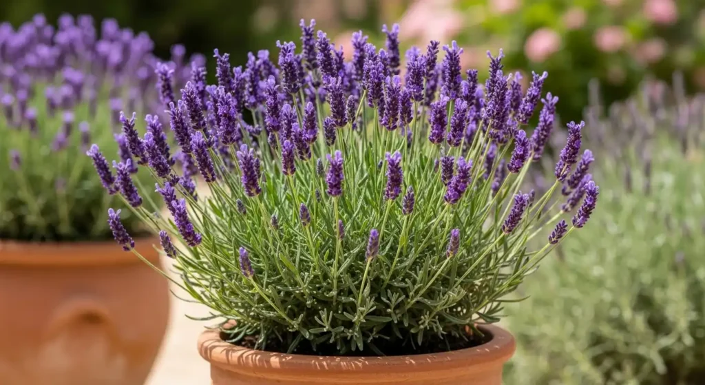 French lavender care guide showing healthy purple blooms in terracotta pot with proper sunlight and growing conditions