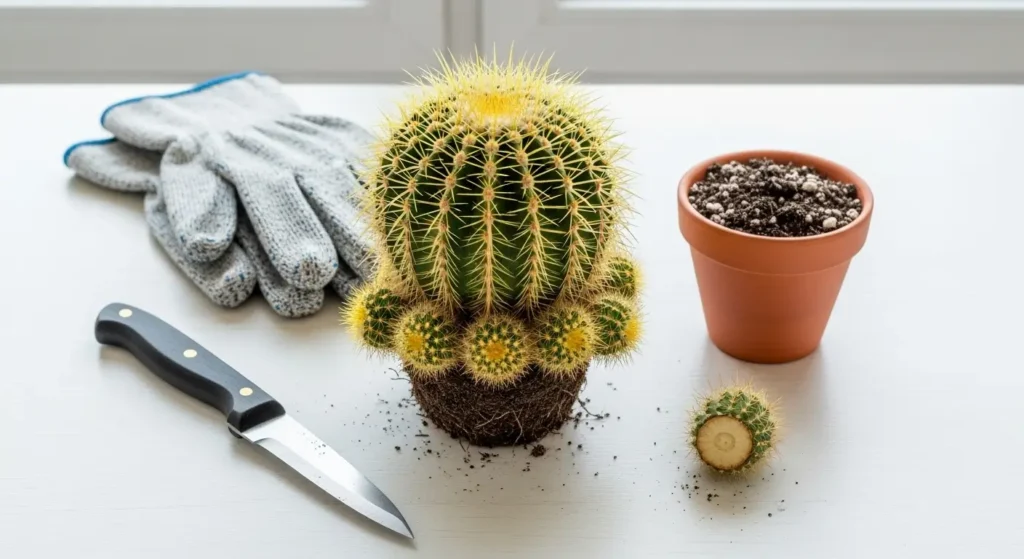 Golden barrel cactus care propagation showing offset pup separation from mother plant with gloves, knife, and pot with soil