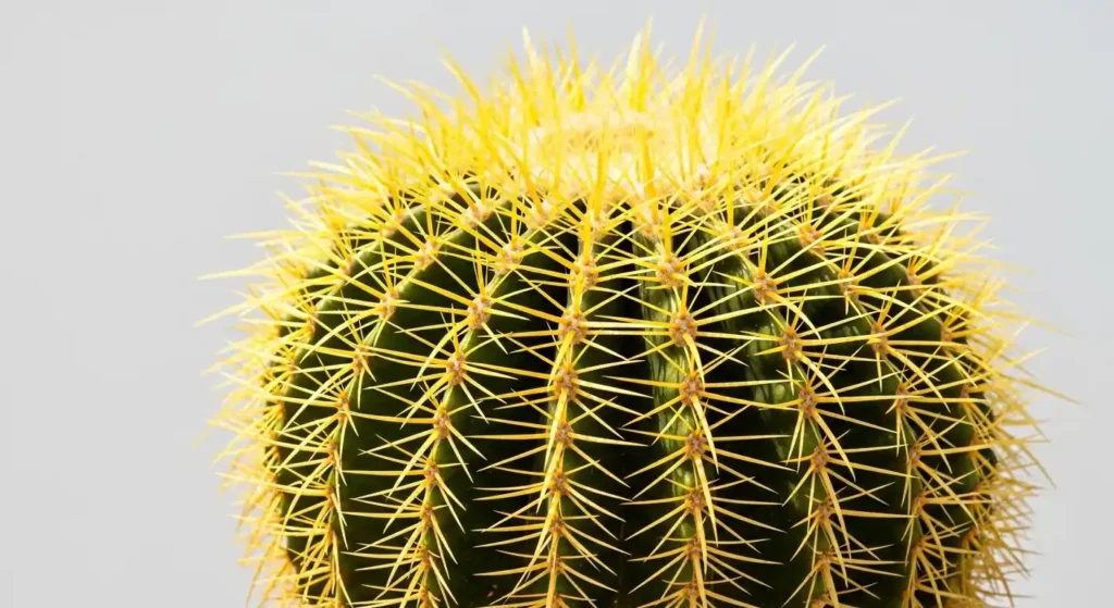 Stunning spherical Echinocactus grusonii with radiant yellow spines displayed in elegant ceramic pot on bright marble surface