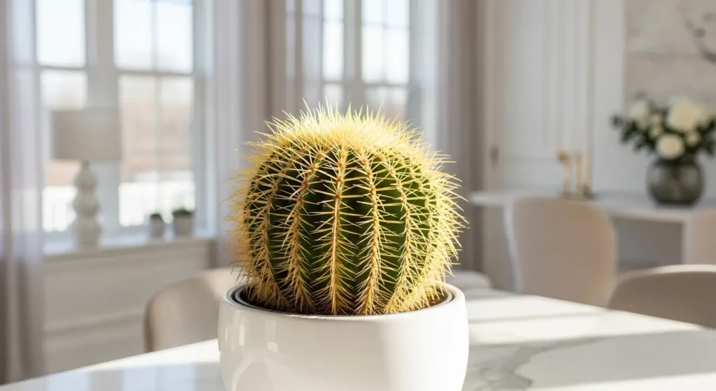 Golden barrel cactus care featured image showing healthy Echinocactus grusonii with golden spines in elegant modern interior