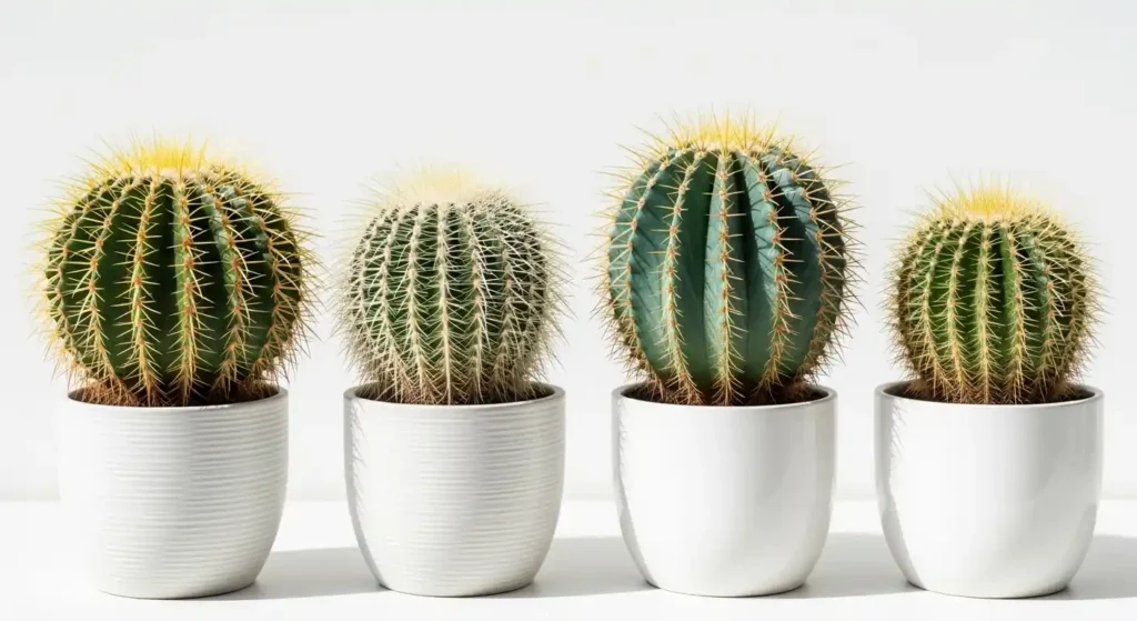 Golden barrel cactus care guide showing four varieties: standard golden, white-spined, blue barrel, and short-spined forms