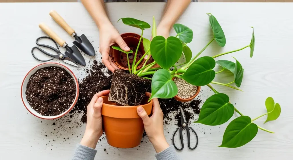 Heart leaf philodendron care repotting process showing plant being transferred to new terracotta pot with fresh potting soil