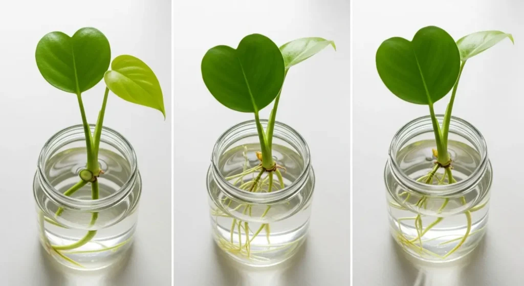 Heart leaf philodendron care water propagation showing stem cuttings with roots growing in clear glass jars