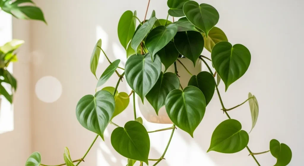 Heart leaf philodendron care showing healthy cascading vines with glossy heart-shaped green leaves in a pot