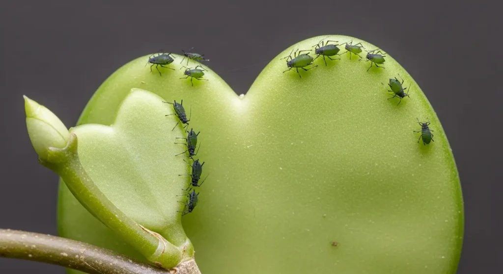 Hoya kerrii care guide showing aphid pests on heart-shaped leaf requiring treatment for healthy sweetheart plant growth