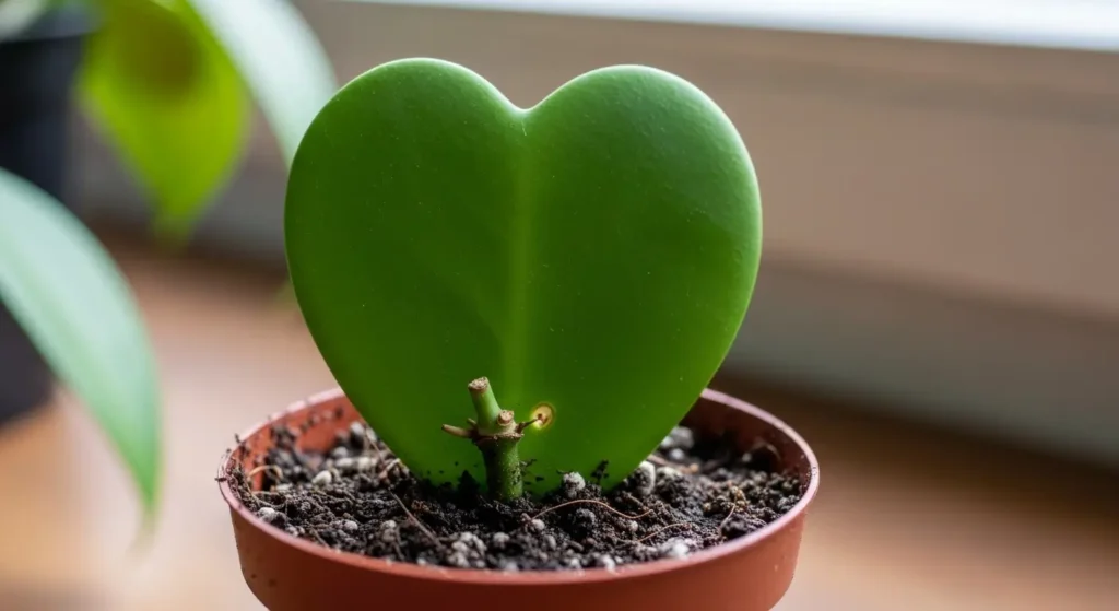 Hoya kerrii care propagation showing heart-shaped leaf cutting with node in soil for sweetheart plant growing guide