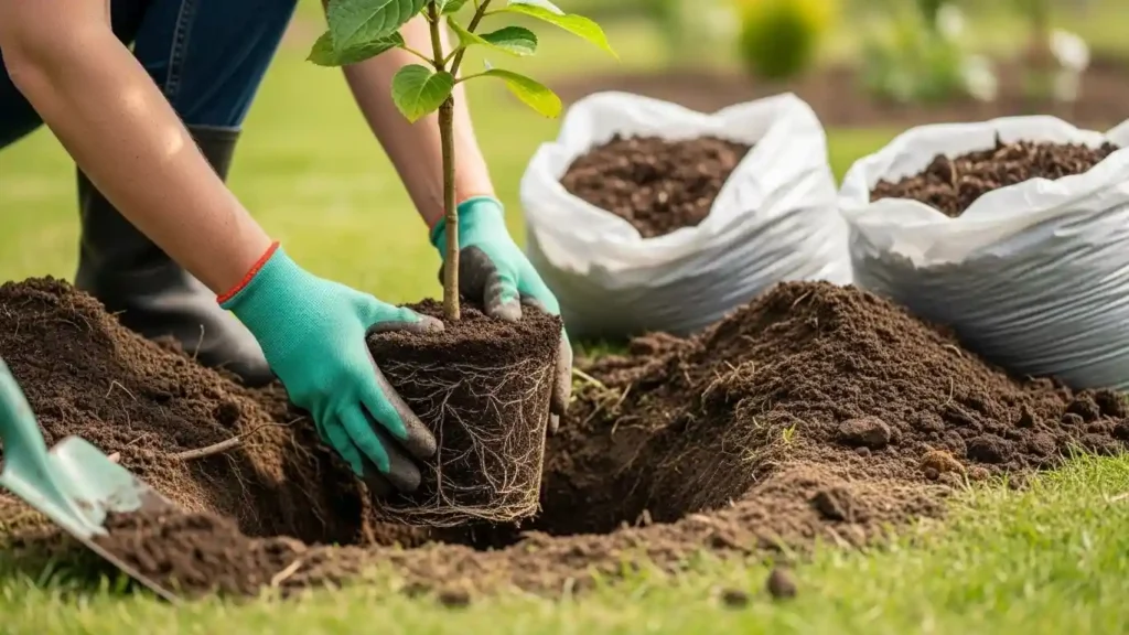 Hydrangea tree care planting process showing gardener placing young tree with root ball into prepared garden hole