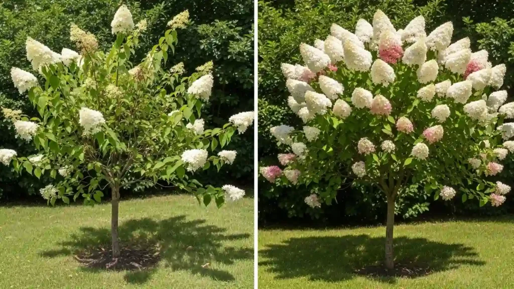 Comparison showing hydrangea with sparse blooms versus healthy flowering hydrangea in garden setting
