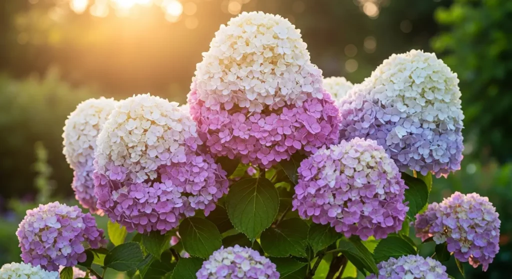 Beautiful hydrangea tree care display showing full tree with pink and white cone-shaped blooms in summer garden