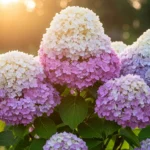 Beautiful hydrangea tree care display showing full tree with pink and white cone-shaped blooms in summer garden