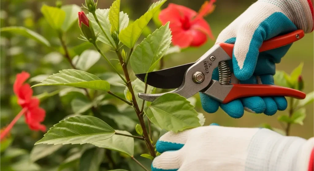 Pruning japa plant with sharp shears at 45-degree angle above leaf node for proper hibiscus rosa-sinensis maintenance