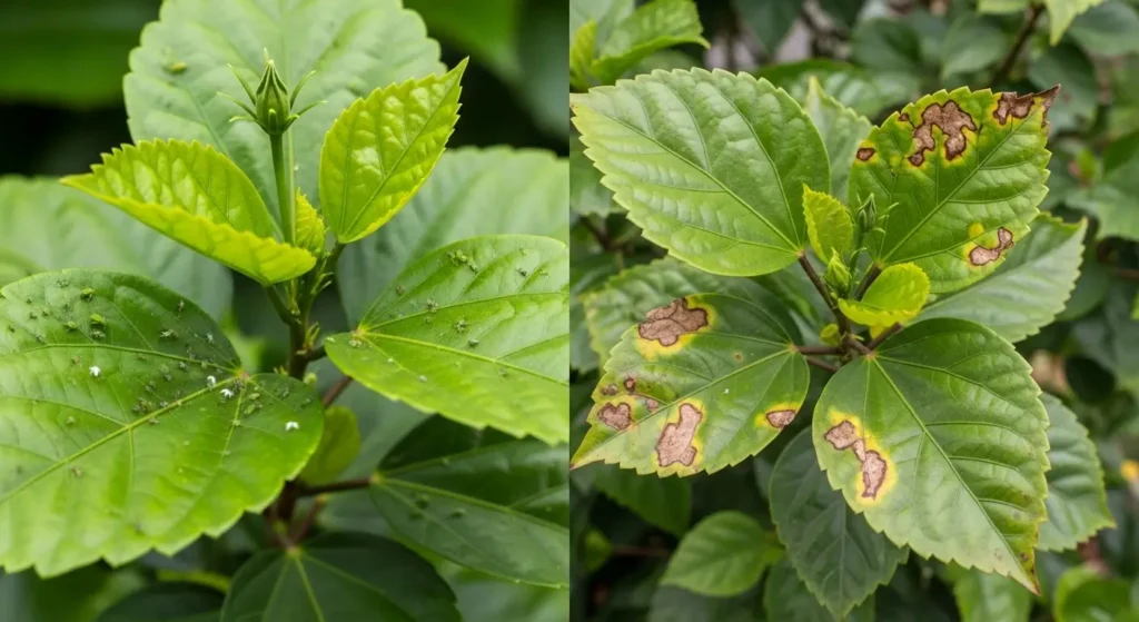Common japa plant pests and diseases including aphids, spider mites, and leaf spot affecting hibiscus rosa-sinensis foliage