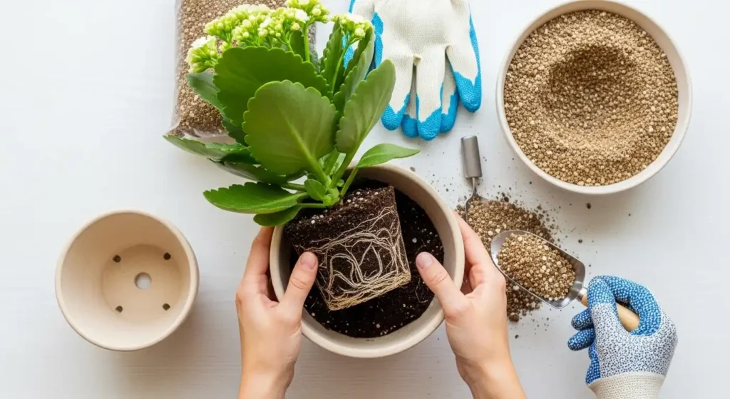 Kalanchoe plant care repotting guide showing healthy Kalanchoe being transplanted into larger pot with fresh well-draining succulent soil mix