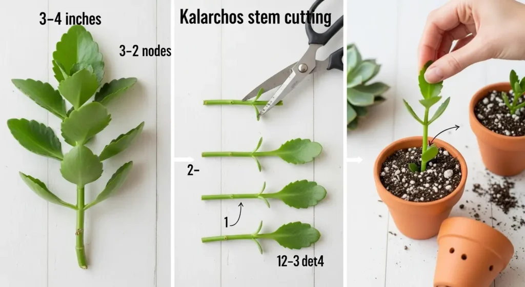 Kalanchoe plant care propagation guide showing stem cutting method with healthy cuttings, scissors, and potting materials for successful propagation