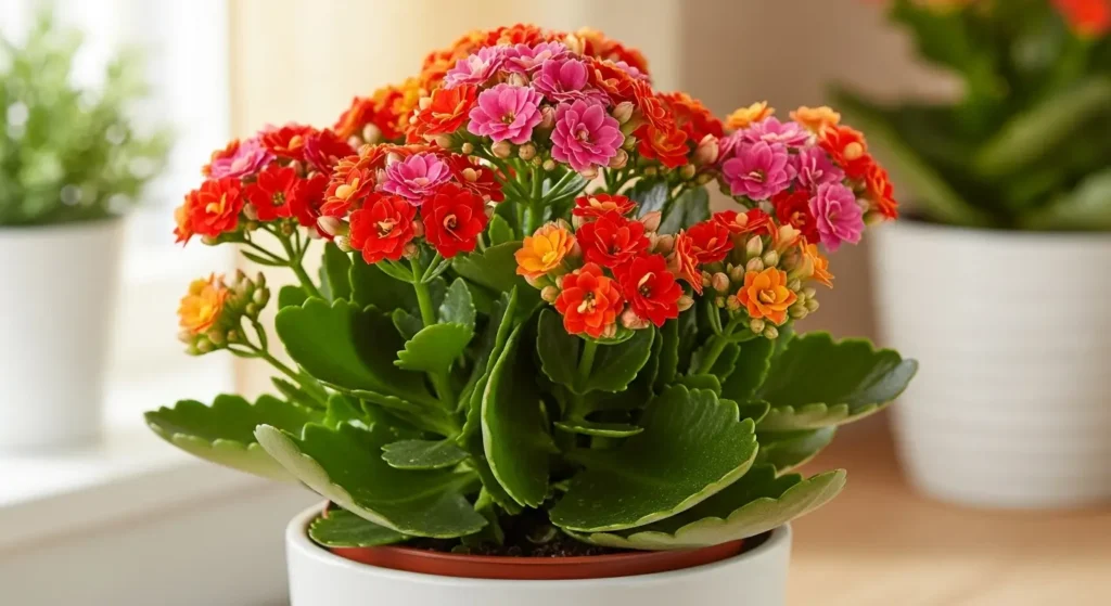 Kalanchoe plant care guide featuring healthy blooming Kalanchoe blossfeldiana with bright red and pink flowers and glossy green succulent leaves in ceramic pot