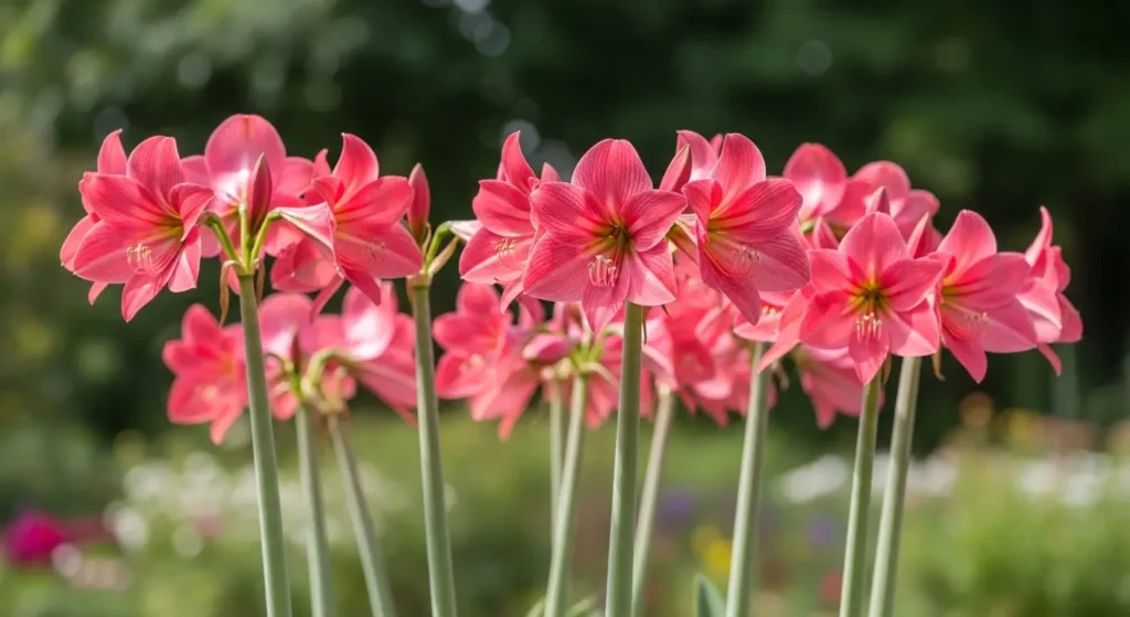 Pink naked lady flower (Amaryllis belladonna) blooming on tall stems showing proper naked lady flower care results