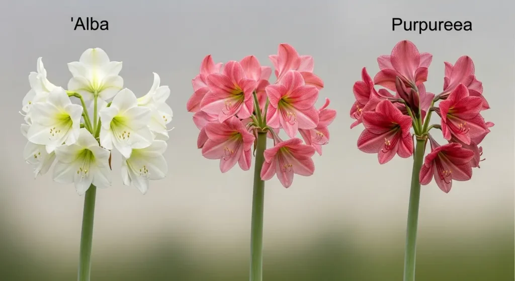Three naked lady flower varieties showing Alba white blooms, pink Belladonna, and Purpurea burgundy flowers for naked lady flower care comparison