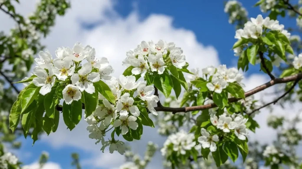 Navigator pear tree care guide showing stunning white spring blossoms blooming on healthy branches against blue sky