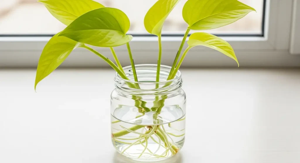 Neon pothos propagation in water showing stem cuttings with chartreuse leaves and white roots in clear glass jar