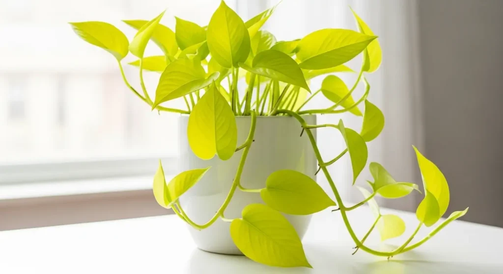 Vibrant neon pothos plant with chartreuse green leaves in white pot for indoor plant care guide