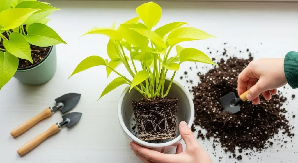 Repotting neon pothos plant showing root ball, fresh potting soil, and new pot for houseplant care tutorial