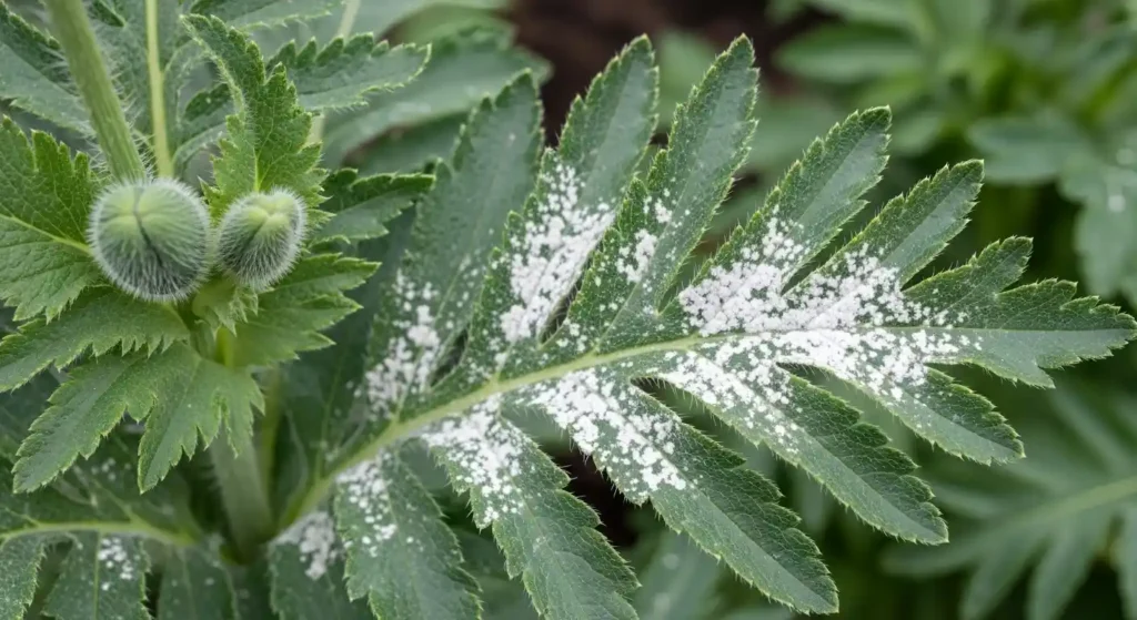 Oriental poppy leaves affected by powdery mildew showing white fungal coating on foliage