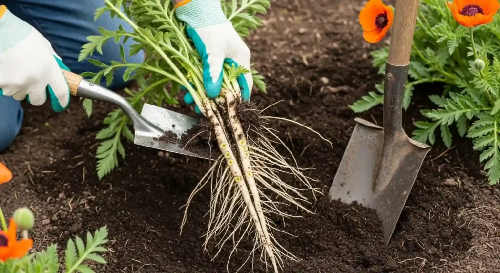 Gardener dividing Oriental poppy plant showing long taproot and root sections for propagation