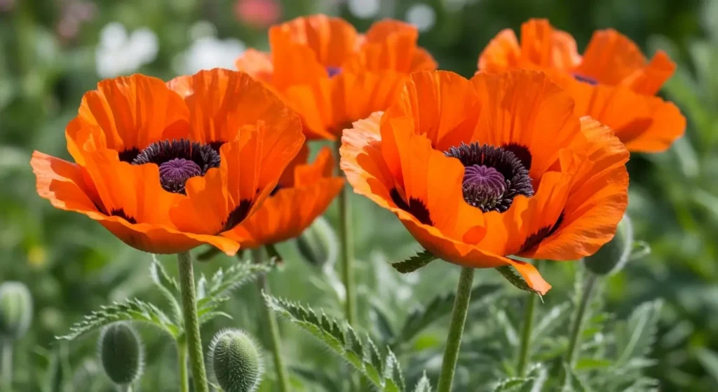 Bright orange Oriental poppy flowers with dark centers blooming in a sunny garden