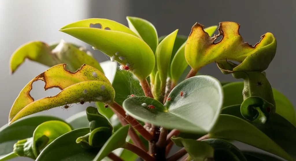 Peperomia plant leaves showing signs of common pests and diseases like spider mites and leaf damage, part of peperomia plant care tips.