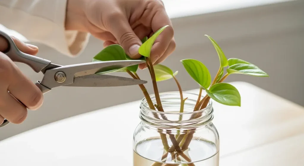 Hands showing how to propagate a peperomia plant using stem cuttings in water, a key step in peperomia plant care.